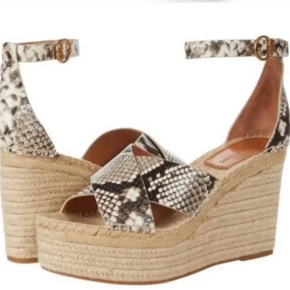 NEW! Tory Burch Warm Roccia Snakeskin Selby Wedge Espadrille Sandals - Size 8.5🚀